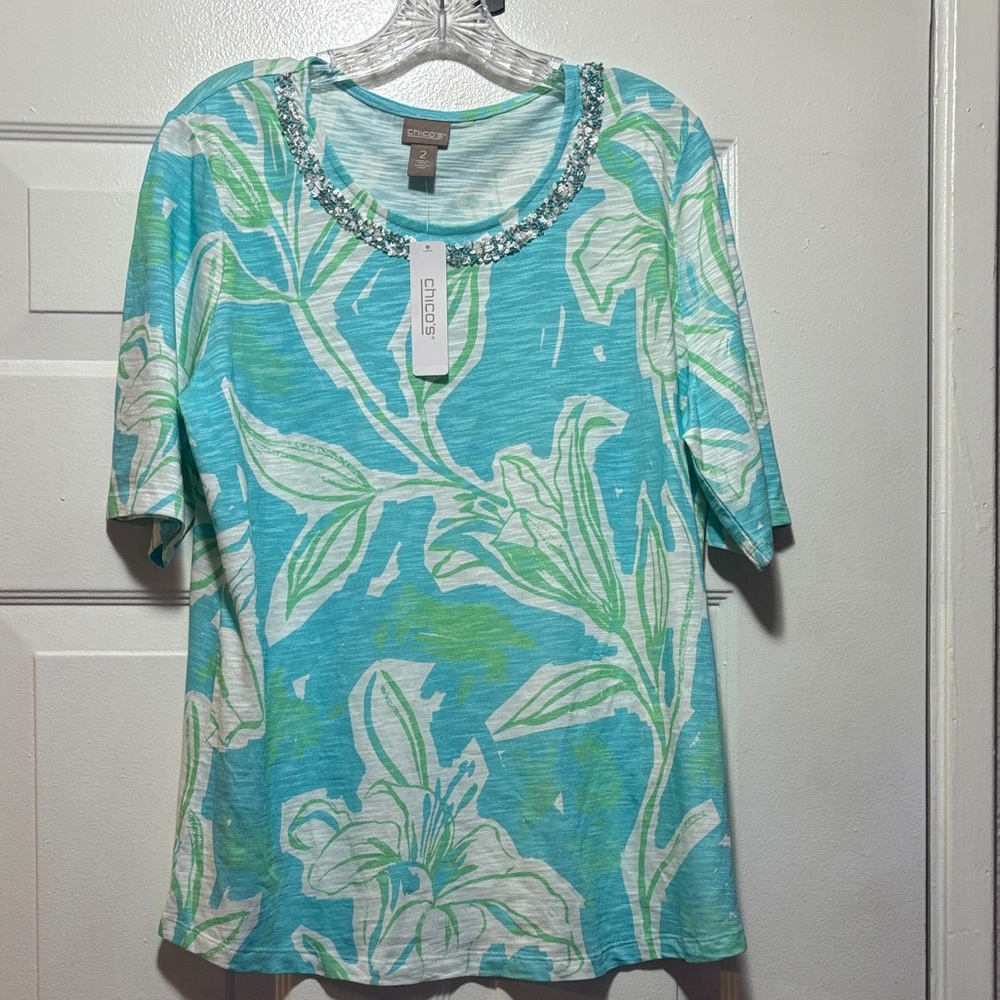 Chico's Aqua and White Floral Short Sleeve Top